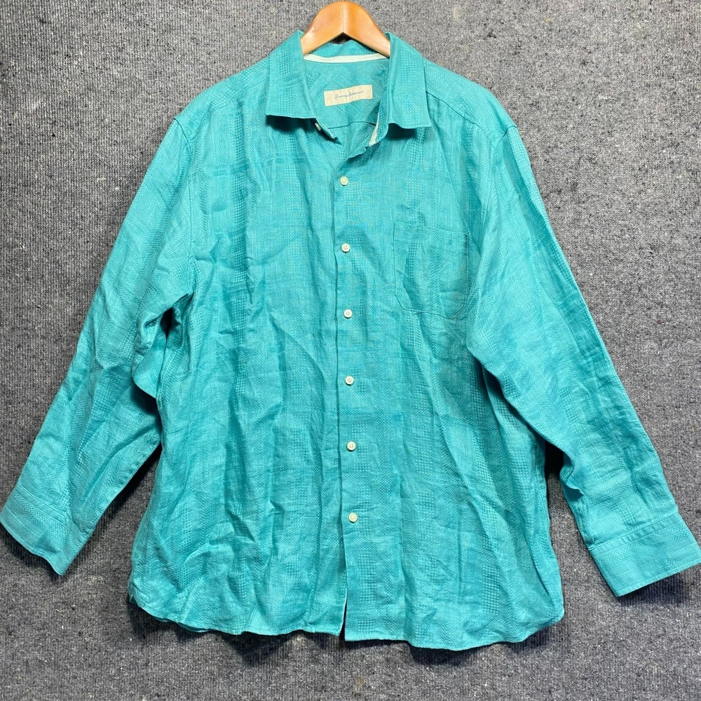 Tommy Bahama Mens XL 100% Linen Long Sleeve Button Up Shirt Teal Relaxed Fit
